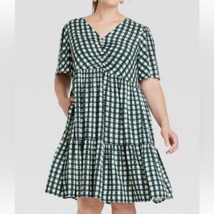 Womens Plus Size Ava & Viv Flutter Short Sleeve Tiered Dress Blue Gingham 1X